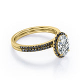 Halo Cluster 1.7 TCW Ovate Moissanite with Lab Created Black Diamond Wedding Set with Pave Accents in Rose Gold