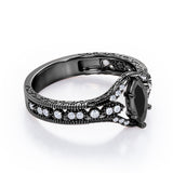Unique Six Prongs 1.25 Carat Marquise Cut Black Diamond Vintage Filigree Engagement Ring In White Gold