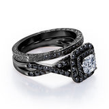Filigree Twisted Pave 1.75 TCW Princess Cut Moissanite with Lab Created Black Diamond Rounded Square Double Halo Bridal Set in Rose Gold