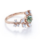 Modern Floral Style 1 Carat Round Cut Natural Translucent Dendritic Moss Green Agate and Diamond Art Deco Engagement Ring