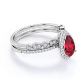 Classic Pave 2 Carat Pear Shape Lab Ruby and Diamond Halo Bridal Ring Set with Art Deco Band in White Gold