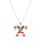 Christmas Candy Cane Diamond Enamel Pendant Necklace in 18K White Gold Plating over Silver