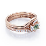 3 Stone Shared Prong - 1 TCW Princess Cut Green Moss Agate and Moissanite - Pave Curved Shank Wedding Set - Rose Gold