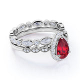 Antique Pave Set 2.25 Carat Pear Cut Lab Ruby and Diamond Halo Bridal Set with Eternity Band in White Gold