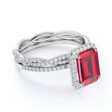 Pave Set 2.25 Carat Emerald Cut Lab Ruby and Diamond Wedding Set with Infinity Band in White Gold
