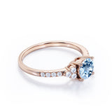 Classic 1.50 Carat Round Cut Aqua Sky Blue Aquamarine and Diamond 7 Stone Cluster Engagement Ring in Rose Gold for Women