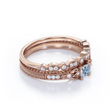 1.15 Carat Princess Cut Aquamarine And Diamond Vintage Milgrain Wedding Ring Set In White Gold