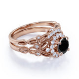 Artdeco 1.35 Carat Round cut Lab Black Diamond Wedding Bridal Ring Set in White Gold