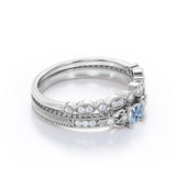 1.15 Carat Princess Cut Aquamarine And Diamond Vintage Milgrain Wedding Ring Set In White Gold