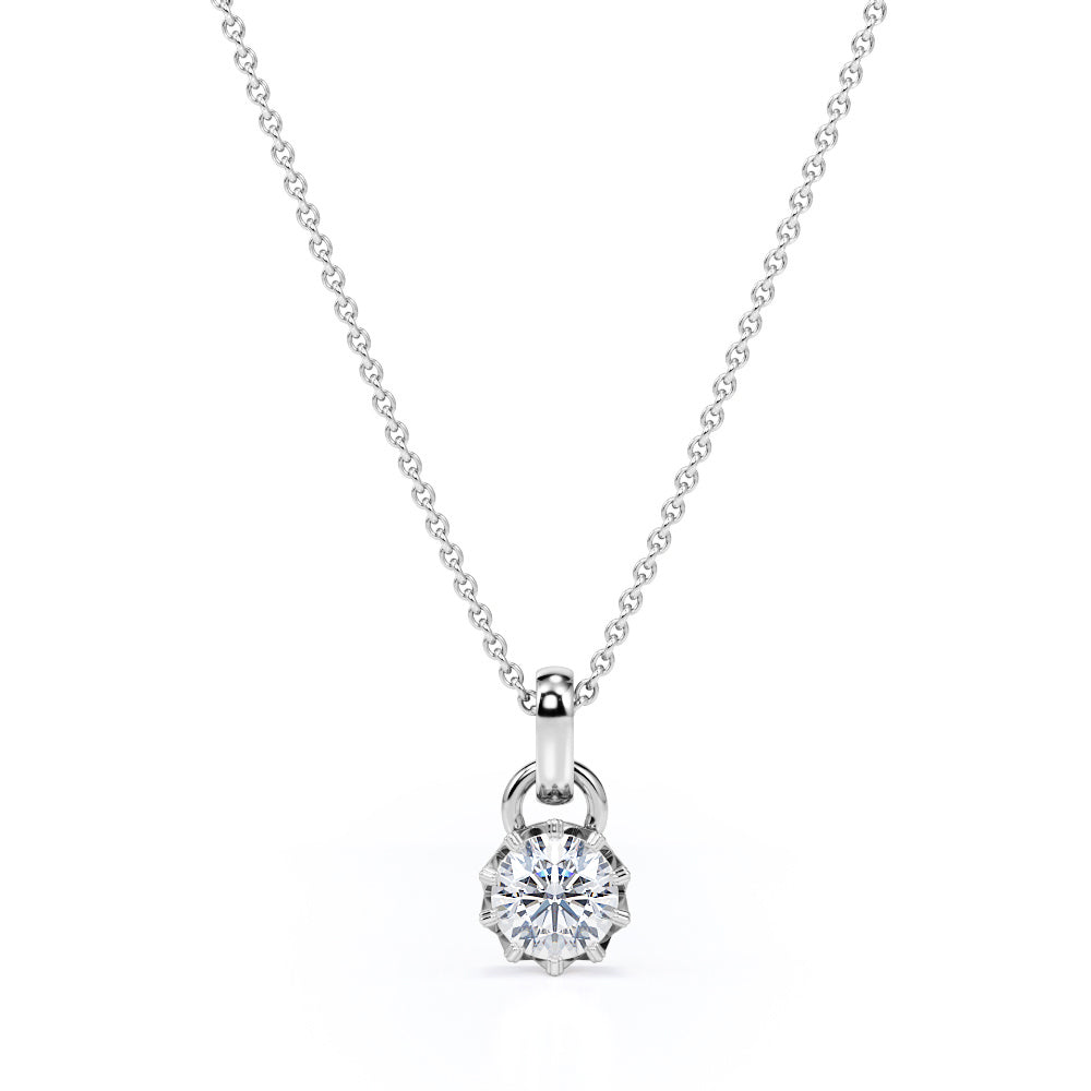 Petite Starburst 1 Carat Round Certified Moissanite Hidden Milgrain Pendant Necklace in Yellow Gold