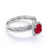 Classic Pave 2 Carat Cushion Cut Lab Ruby and Diamond Halo Bridal Set with Art Deco Band in White Gold