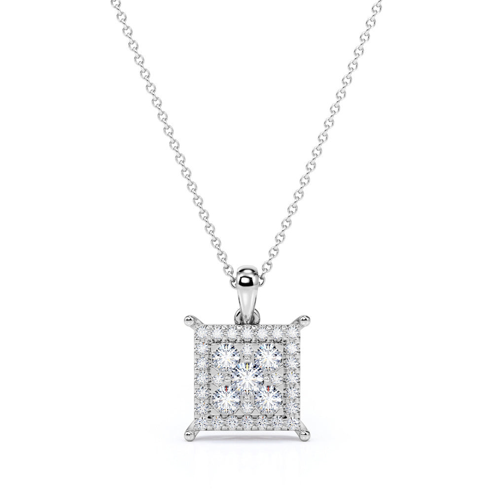 Snowy Filled Squared 0.7 carat Round Moissanite and Diamond Pendant and Necklace 18k Rose Gold Over Silver