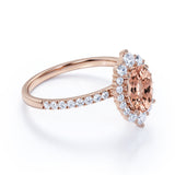 Shared Prong1.50 Carat Oval Shape Dark Pink Morganite and Diamond Halo Snowflake Engagement Ring in Rose Gold