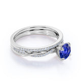 1.5 Carat Round Cut Sapphire and Diamond Bridal Ring Set in 10k White Gold Splendid Ring
