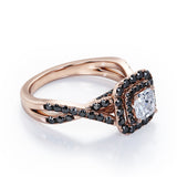 Rounded Square Double Halo -  0.5 TCW Princess Cut Diamond with Lab Created Black Diamond - Infinity Pave Engagement Ring - 10K White Gold