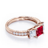 Trilogy 1.25 ct Princess Lab-Created Ruby Vintage Engagement Ring