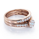 Flower Cluster Design 0.5 TCW Round-Shaped Moonstone and Moissanite Flush-Channel Bridal Ring Set in Rose Gold