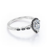 Art-Deco Filigree Milgrain 1.4 TCW Pear Cut Moissanite with Lab Created Black Diamond Halo Design Engagement Ring in Yellow Gold