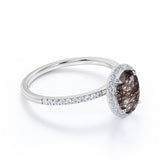 Classic Halo 1.50 Carat Oval Cut Natural Druzy Black Brown Rutilated Quartz and Diamond Pave Engagement Ring