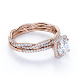 Pave 1.5 Carat Round Cut Moissanite Halo Wedding Ring Set