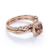 1.5 Carat Cushion Cut Peach Morganite and Diamond Wedding Ring Set in 10k Rose Gold Celebrity Ring