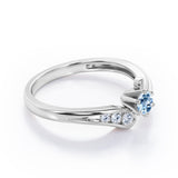 Curved Band - Six Prongs 0.5 carat Round Aquamarine and Moissanite Artistic Engagement Ring in Rose Gold