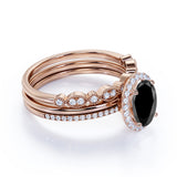 Artdeco 1.75 Carat Oval cut Lab Black Diamond Trio Wedding Bridal Ring Set White Gold