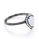 Vintage Inspired 1.35 Carat Tear Drop Fiery White Opal And Diamond Halo Engagement Ring In White Gold