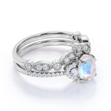 Antique Milgrain 1.75 Carat Oval Cut Blue Moonstone, pearl and Diamond Art Deco Bridal Set in White Gold