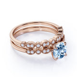 Art Deco 1.50 ct Round Aquamarine Bridal Ring Set