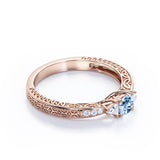 Mini Butterfly 1.10 Carat Round Cut Aquamarine And Diamond  Vintage Filigree Engagement Ring In White Gold