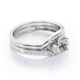 3 Stone Shared Prong - 1 TCW Princess Cut Green Moss Agate and Moissanite - Pave Curved Shank Wedding Set - Rose Gold