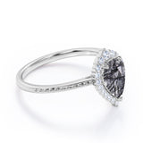 Vintage 1.35 ct Tear Drop Black Rutilated Quartz Halo Engagement Ring