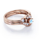 6 Prong Tension Design - 0.55 TCW Round Shaped Moonstone and Moissanite - Flush Chanel Wedding Ring Set - White Gold