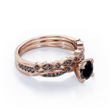 Milgrain Filigree Decorated 1.6 TCW Round Shaped Lab Created Black Diamond Twisted Pave Wedding Set in White Gold