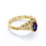 Unique Floral Design 1.50 Carat Oval Cut Lab Made Purple Alexandrite and Diamond Filigree Milgrain Wedding Ring Sets - Bridal Set Rings in White Gold for Women