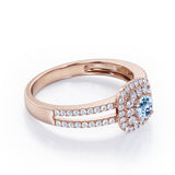 Double Halo 1.55 Carat Round Cut Aquamarine And Diamond Split Shank Engagement Ring In White Gold