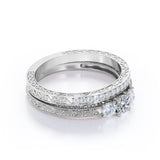 1.25 Carat Round Cut Near Colorless Moissanite And Diamond Three Stone Wedding Ring Set In White Gold