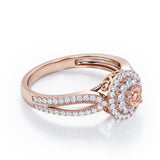Double Halo Cluster 1.8 Carat Round-Shaped Morganite and diamond Split-Shaked Milgrain Pave Engagement Ring in Rose Gold