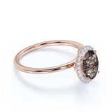 Modern Solitaire 1.25 Carat Oval Cut Natural Druzy Black Brown Rutilated Quartz and Diamond Halo Engagement Ring