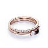 1.45 Carat Round Cut Lab Grown Black Diamond Three Stone Wedding Ring Set In White Gold