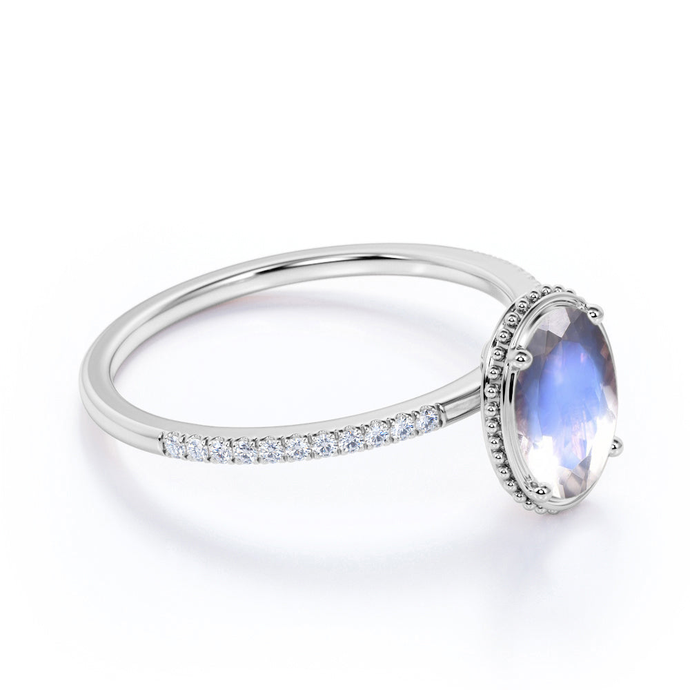 Simple Art Deco 1.25 Carat Oval Cut Rainbow Moonstone Ring with Authentic Diamond in Rose Gold