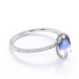 Simple Art Deco 1.25 Carat Oval Cut Rainbow Moonstone Ring with Authentic Diamond in Rose Gold