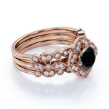 Unique antique 2 Carat Lab Black Diamond Trio Wedding Ring Set for Women in White Gold