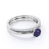 Plain Shank Solitaire 1.25 Carat Round Cut Simulated Alexandrite and Diamond Pave Bridal Set Rings