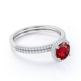Micro Pave 1.50 ct Round Lab-Created Ruby Halo Bridal Set