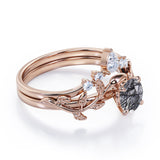 Nature Inspired 1.15 Carat Round Cut Solid Black Rutile Clear Crystal Quartz Leaf Style Five Stone Wedding Ring Set In White Gold