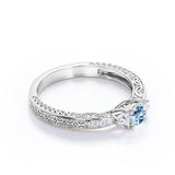 Mini Butterfly 1.10 Carat Round Cut Aquamarine And Diamond  Vintage Filigree Engagement Ring In White Gold