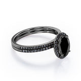 1.7 ct Ovate Lab Black Diamond Halo Wedding Ring Set