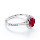 Four Petal Flower Design 1.50 Carat Cushion Cut Lab Ruby and Diamond Engagement Ring in White Gold